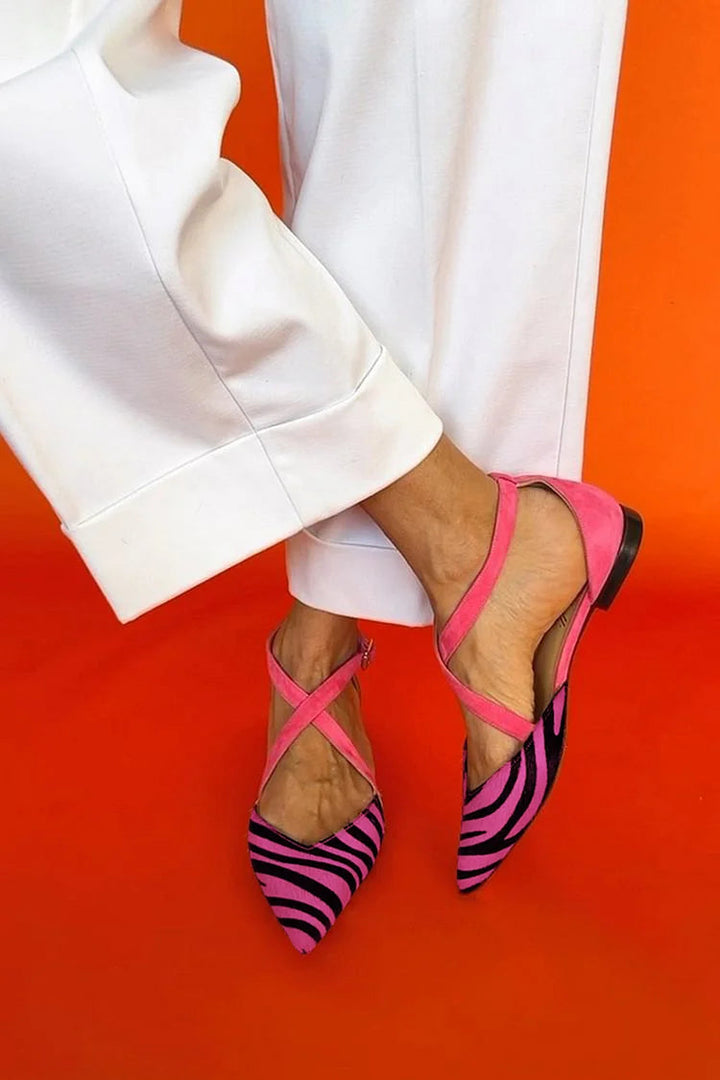 LUCREZIA | ZEBRA PRINT BALLET FLATS WITH PINK STRAPS
