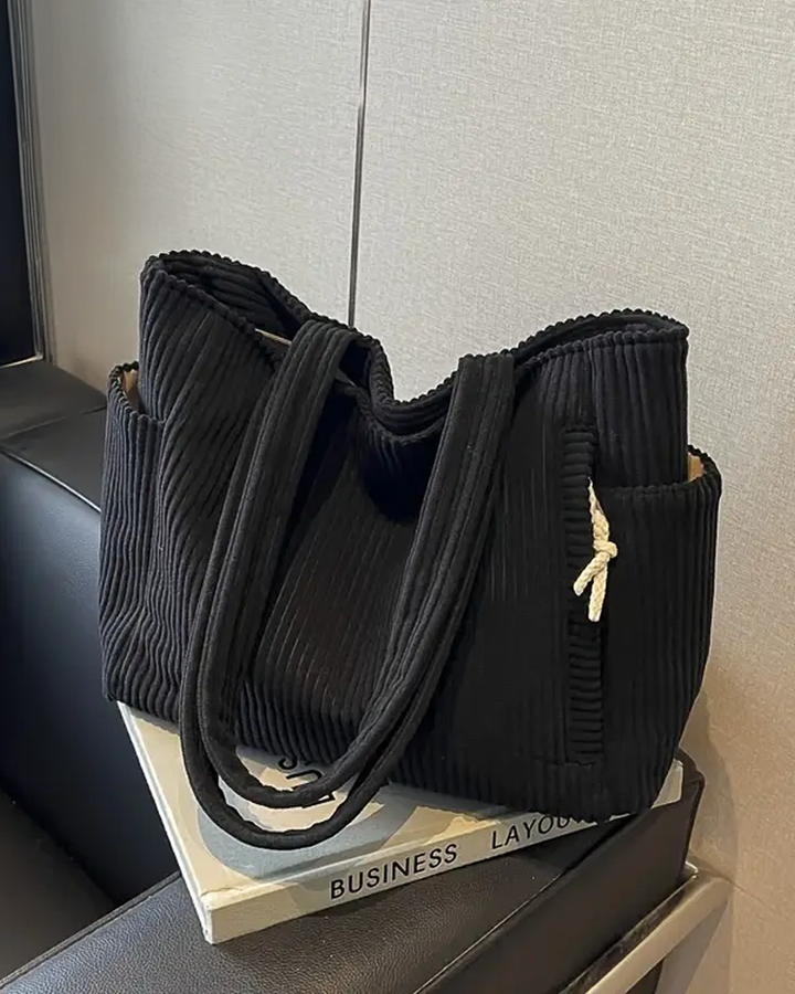 Mallory - Ribbed Tote Bag with Drawstring Detail