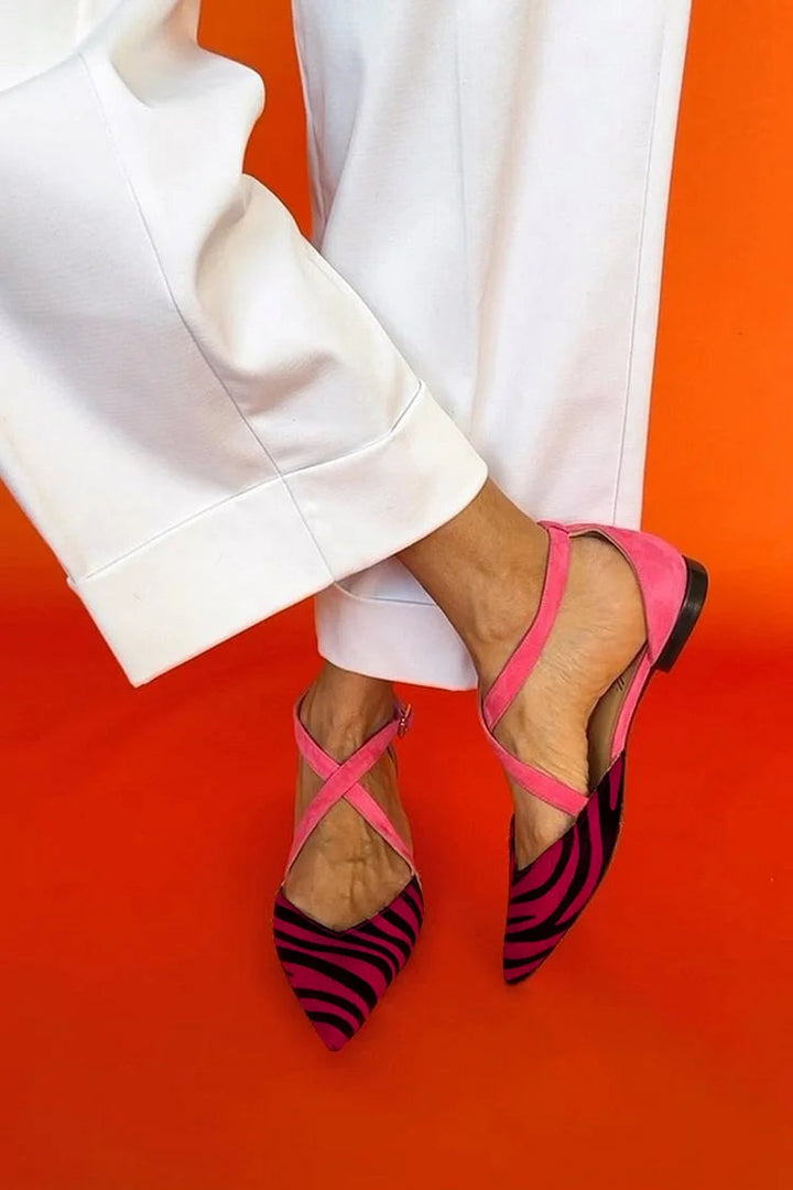 LUCREZIA | ZEBRA PRINT BALLET FLATS WITH PINK STRAPS