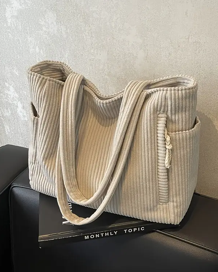 Mallory - Ribbed Tote Bag with Drawstring Detail
