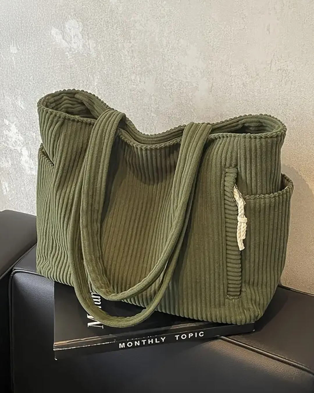 Mallory - Ribbed Tote Bag with Drawstring Detail