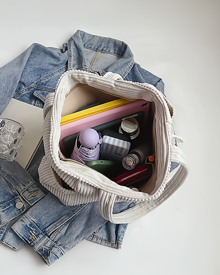Mallory - Ribbed Tote Bag with Drawstring Detail