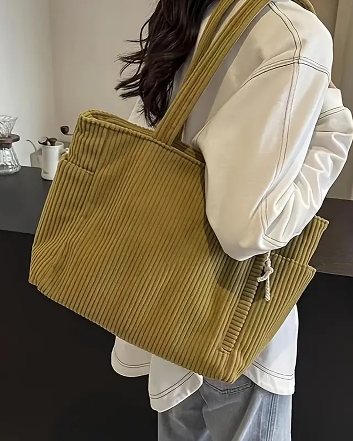 Mallory - Ribbed Tote Bag with Drawstring Detail