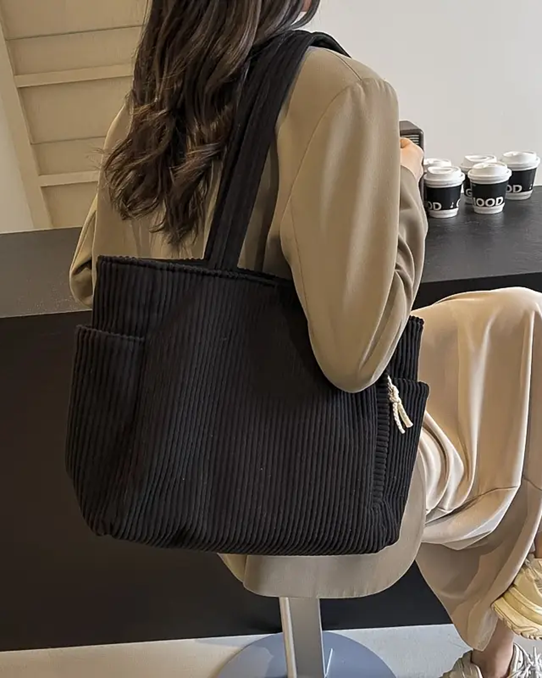 Mallory - Ribbed Tote Bag with Drawstring Detail