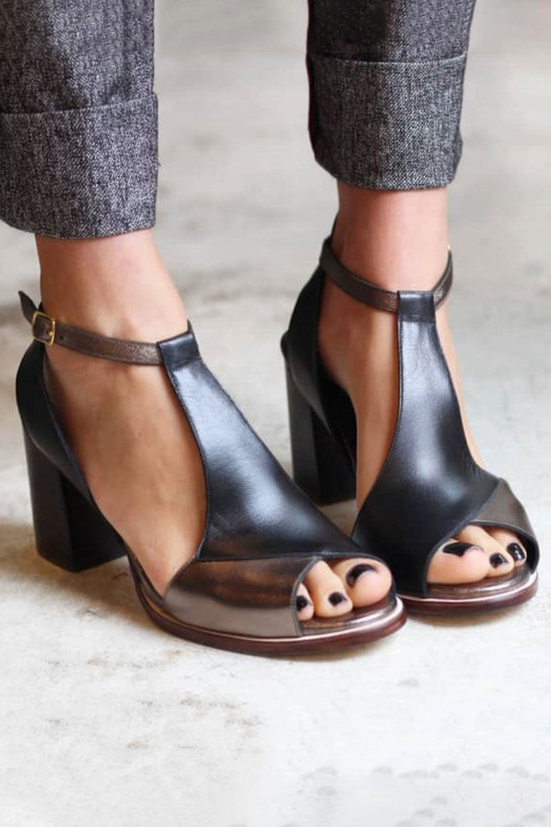 Millie - Black Patchwork Peep Toe Heels