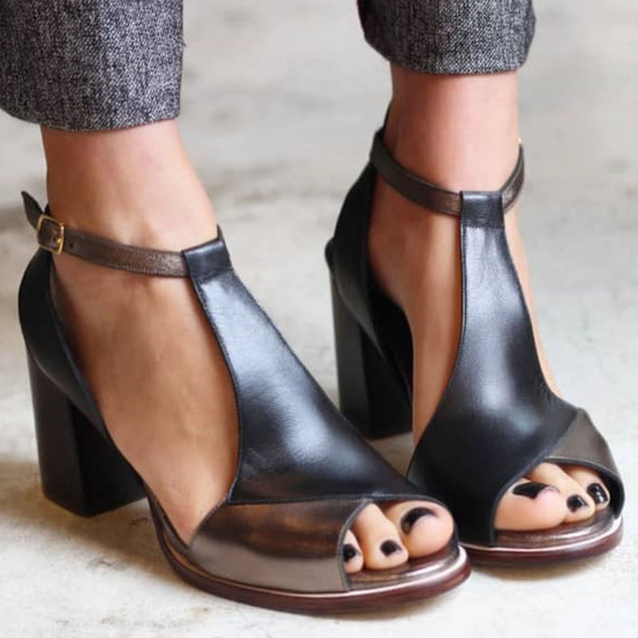 Millie - Black Patchwork Peep Toe Heels