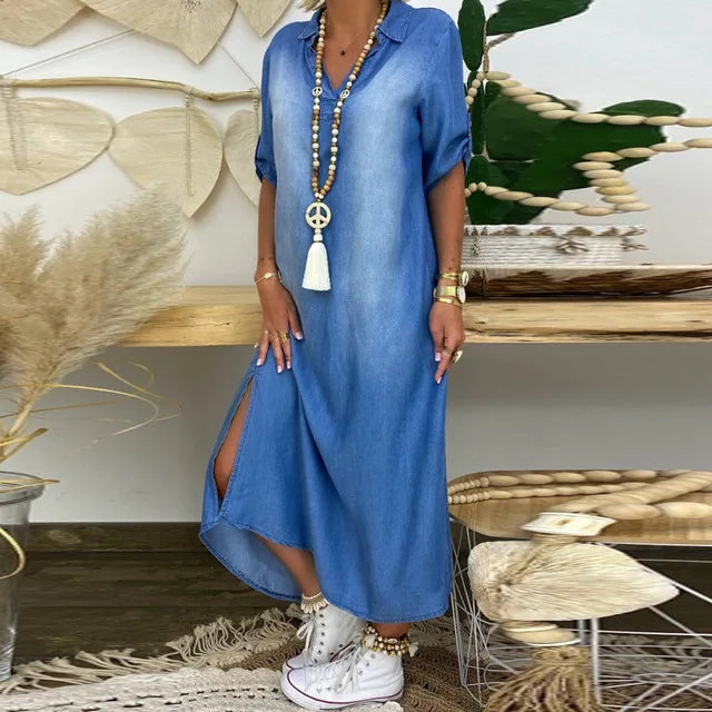 Rylee- Long dress in jeans look with side slit