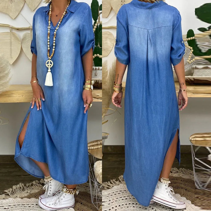 Rylee- Long dress in jeans look with side slit