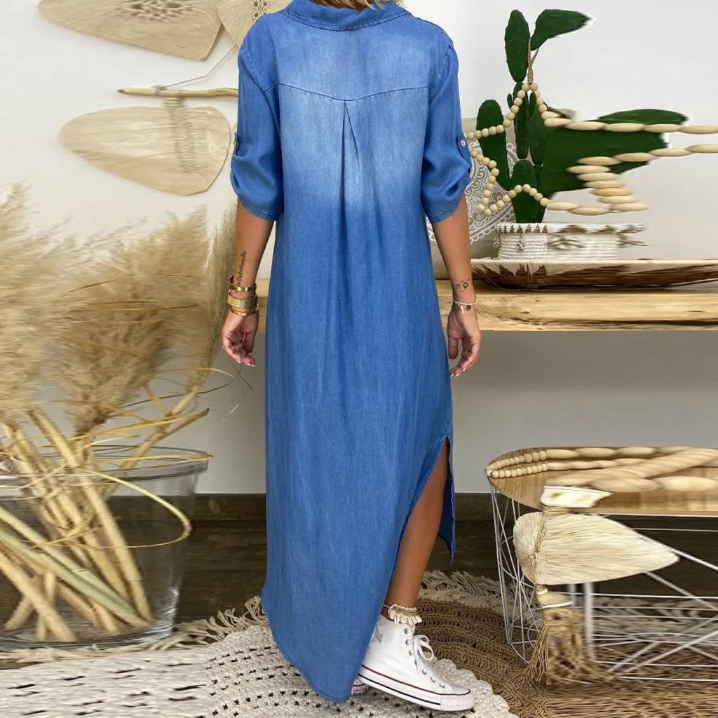 Rylee- Long dress in jeans look with side slit
