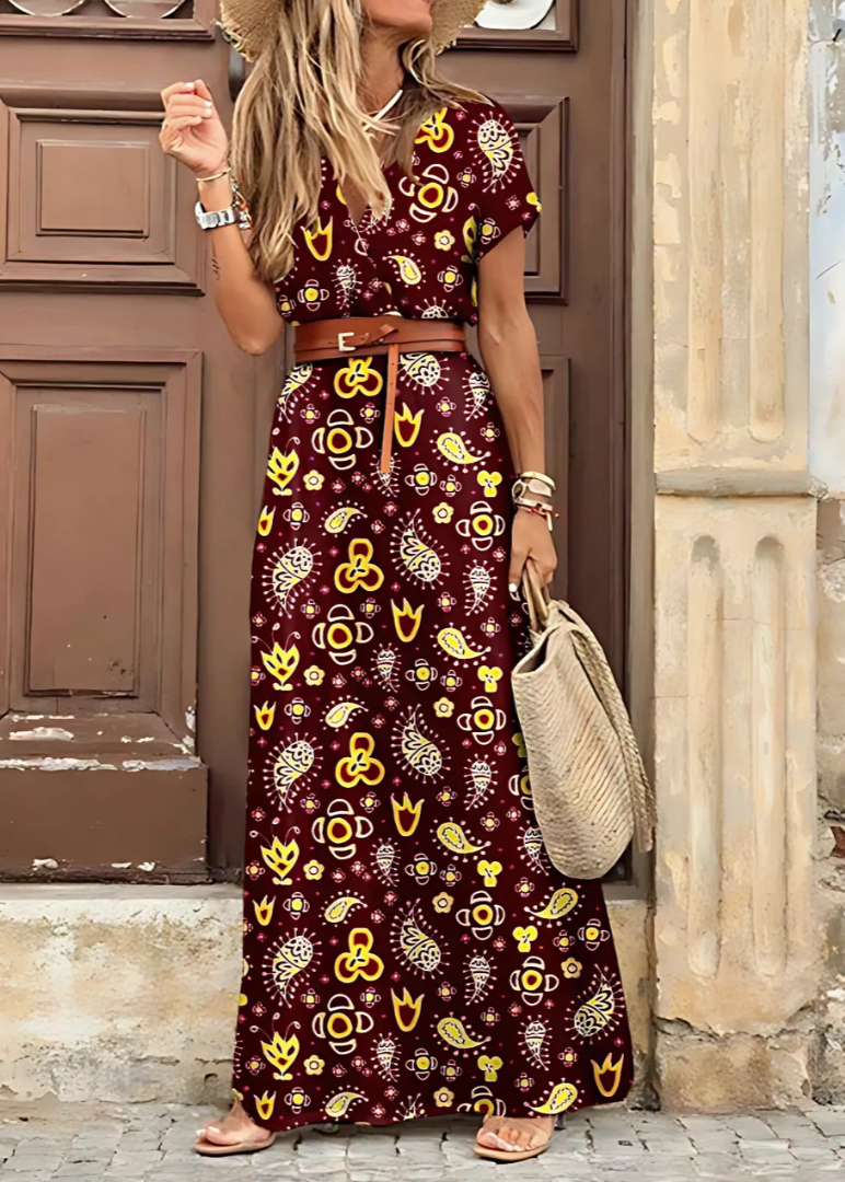 Edith – Bohemian Pleated Maxi Dress with Waist Detail