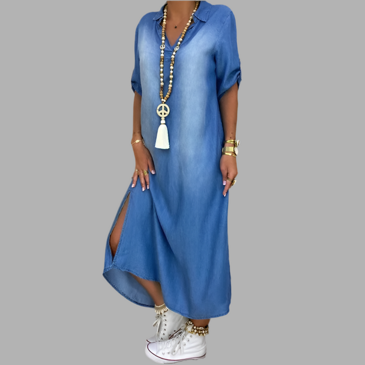 Rylee- Long dress in jeans look with side slit