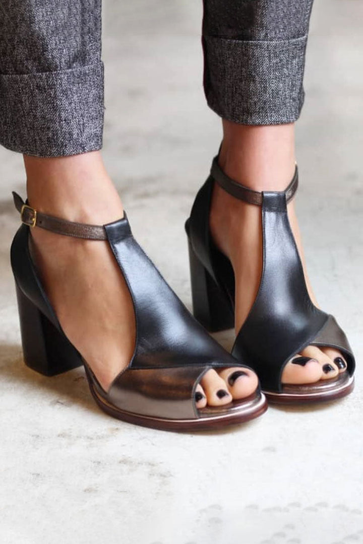 Millie - Black Patchwork Peep Toe Heels