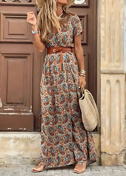 Edith – Bohemian Pleated Maxi Dress with Waist Detail