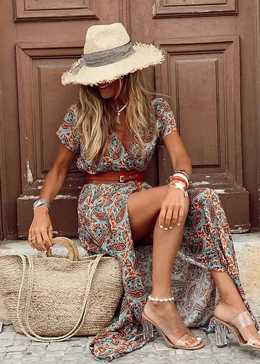 Edith – Bohemian Pleated Maxi Dress with Waist Detail